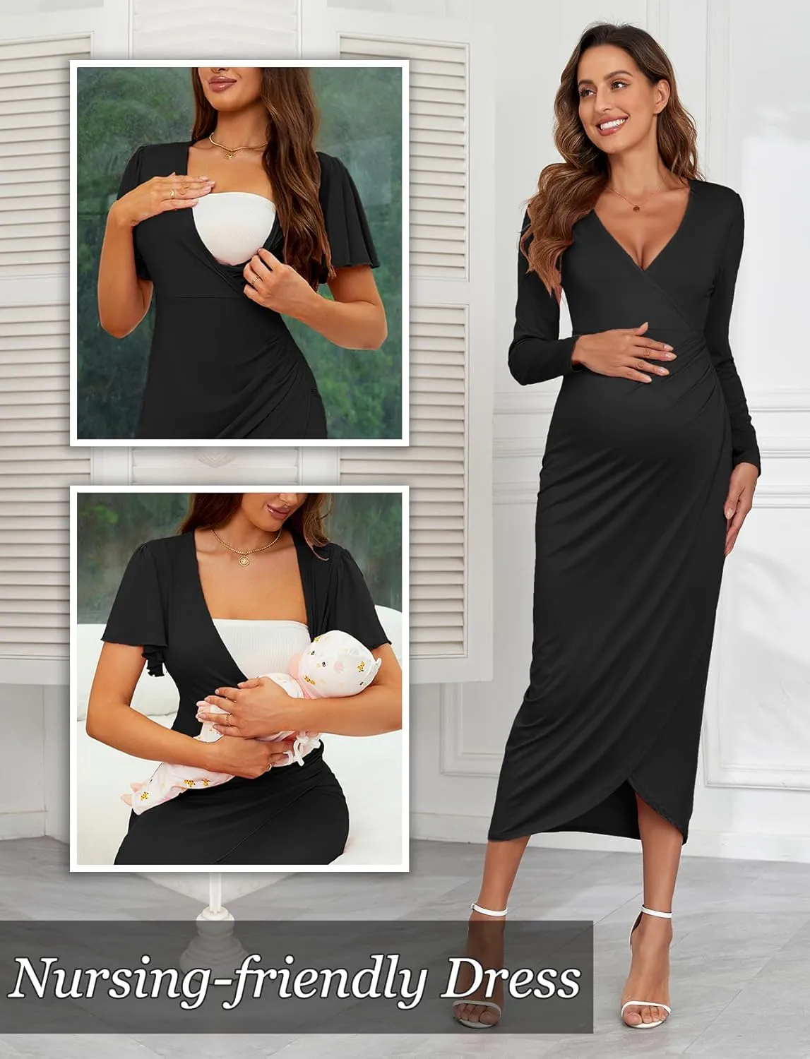 2025 Womens Maternity Wrap Dress V Neck Ruffle Sleeves Semi Formal Baby Shower Photoshoot Party Cocktail Pregnancy