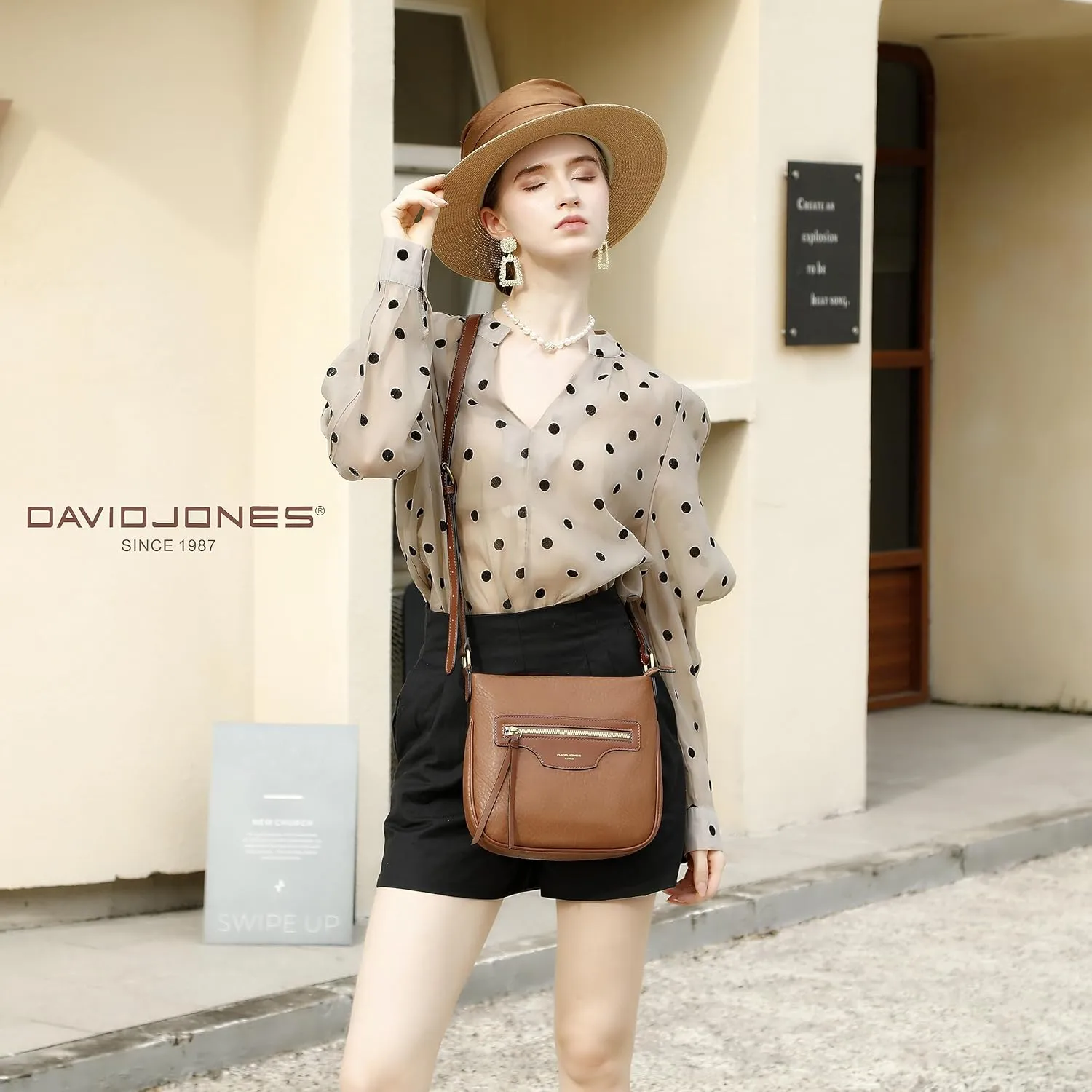 David Jones - Women Shoulder Bag with Zipper - PU Leather Handbag Shoulder Bag with Multiple Pockets - Elegant, Practical, Classic, Cognac-brown, Elegant