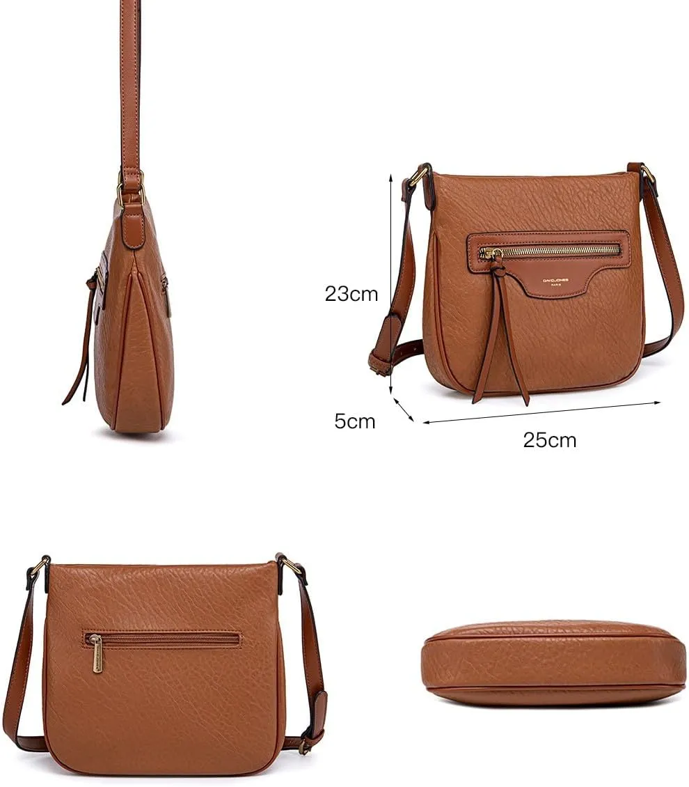 David Jones - Women Shoulder Bag with Zipper - PU Leather Handbag Shoulder Bag with Multiple Pockets - Elegant, Practical, Classic, Cognac-brown, Elegant