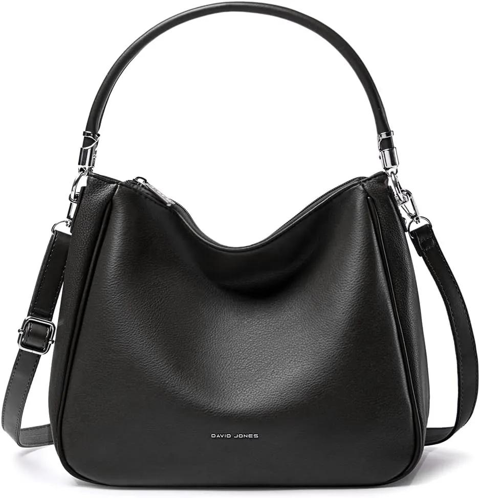 David Jones - Women's Hobo Shoulder Bag - Women's Shoulder Bag PU Leather - Handbag Top Handle Long Handle - Bag Bag Bag Medium Size - Shopper Simple Classic Lightweight Elegant, black, Elegant,