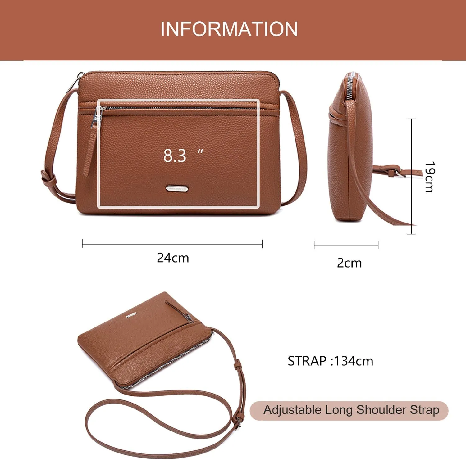 David Jones - Women's Shoulder Bag - Small Flat Handbag PU Leather - Bag Classic Elegant Bag Travel Shopping Mobile Phone Case Work Clutch Party, Cognac-brown, Unit size, Elegant
