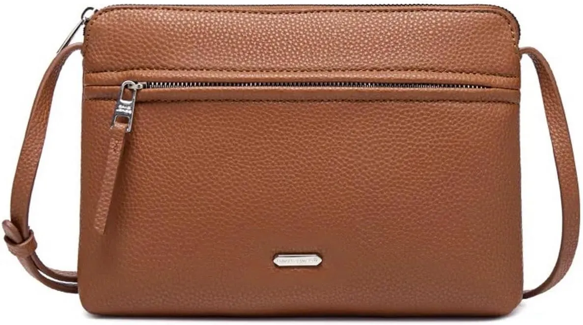 David Jones - Women's Shoulder Bag - Small Flat Handbag PU Leather - Bag Classic Elegant Bag Travel Shopping Mobile Phone Case Work Clutch Party, Cognac-brown, Unit size, Elegant