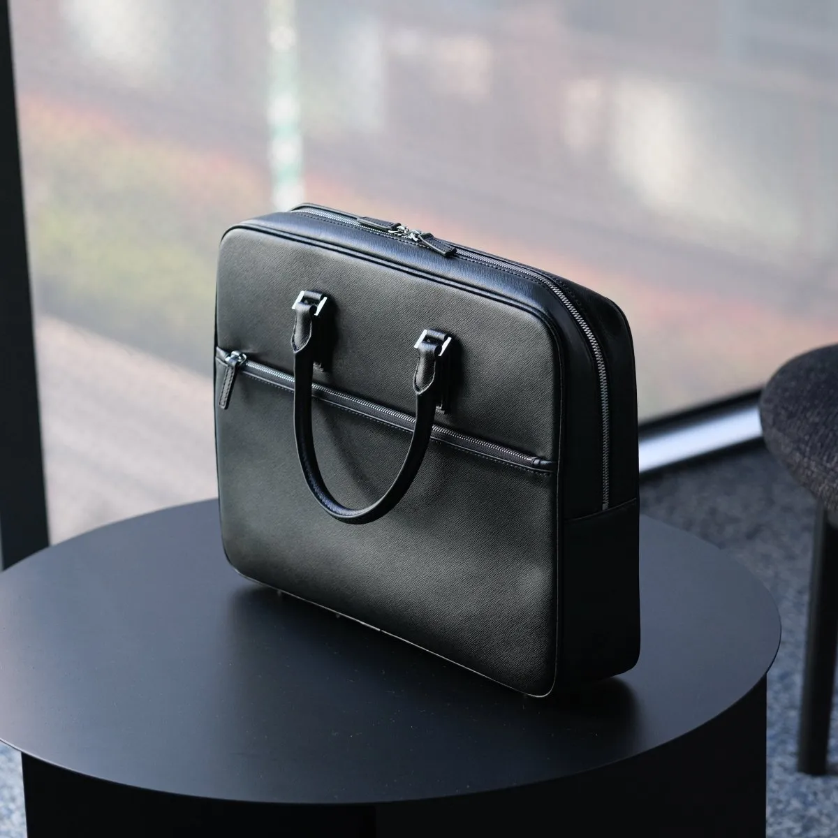 Italian Saffiano Leather Briefcase- Navy (Front-zip)