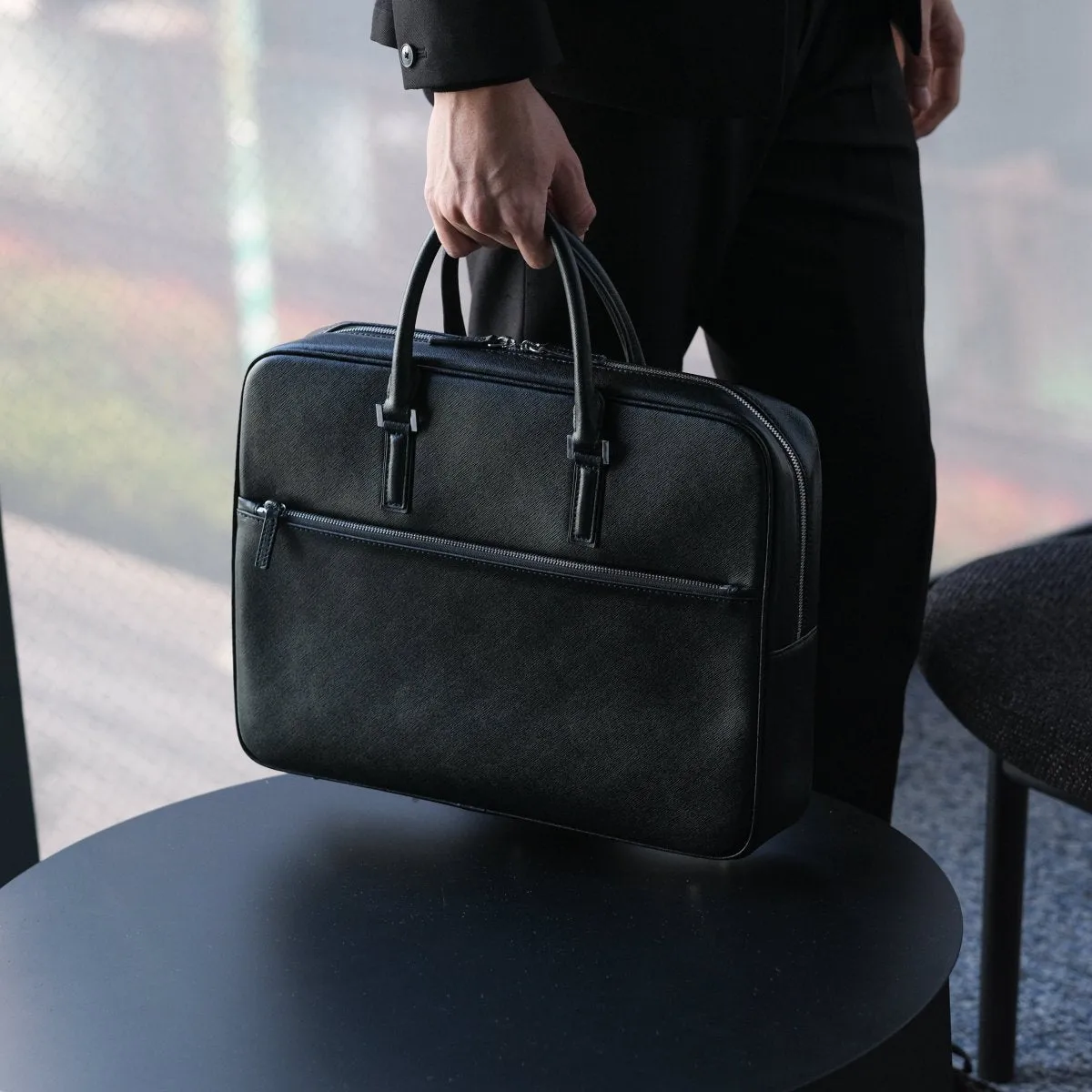 Italian Saffiano Leather Briefcase- Navy (Front-zip)