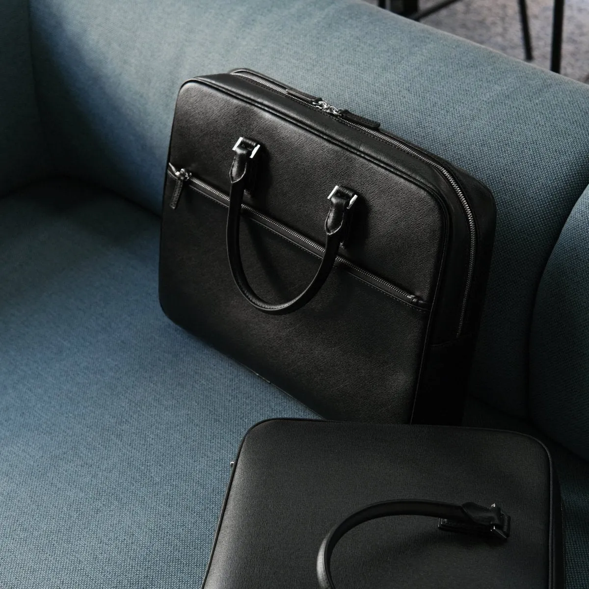Italian Saffiano Leather Briefcase- Navy (Front-zip)