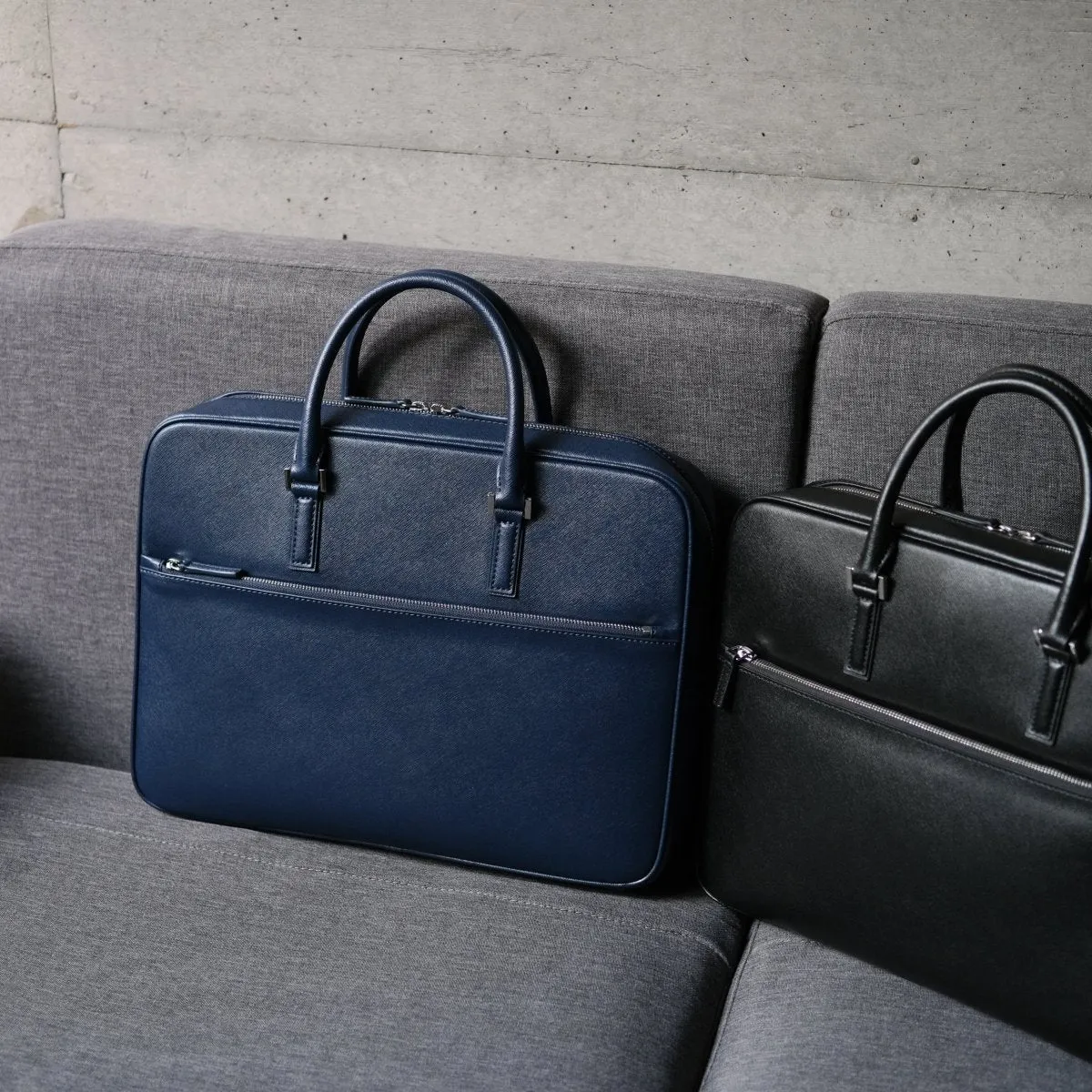 Italian Saffiano Leather Briefcase- Navy (Front-zip)