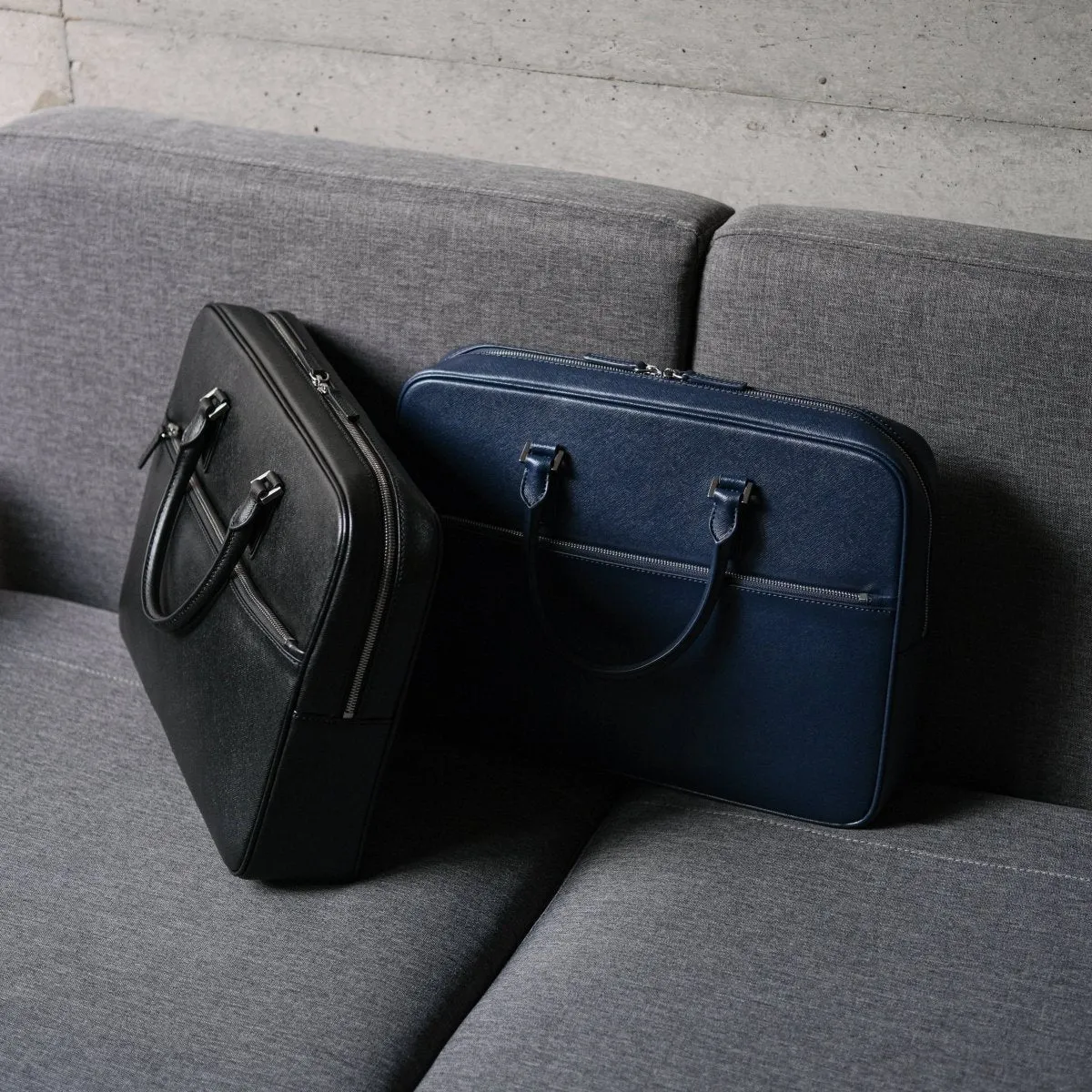 Italian Saffiano Leather Briefcase- Navy (Front-zip)