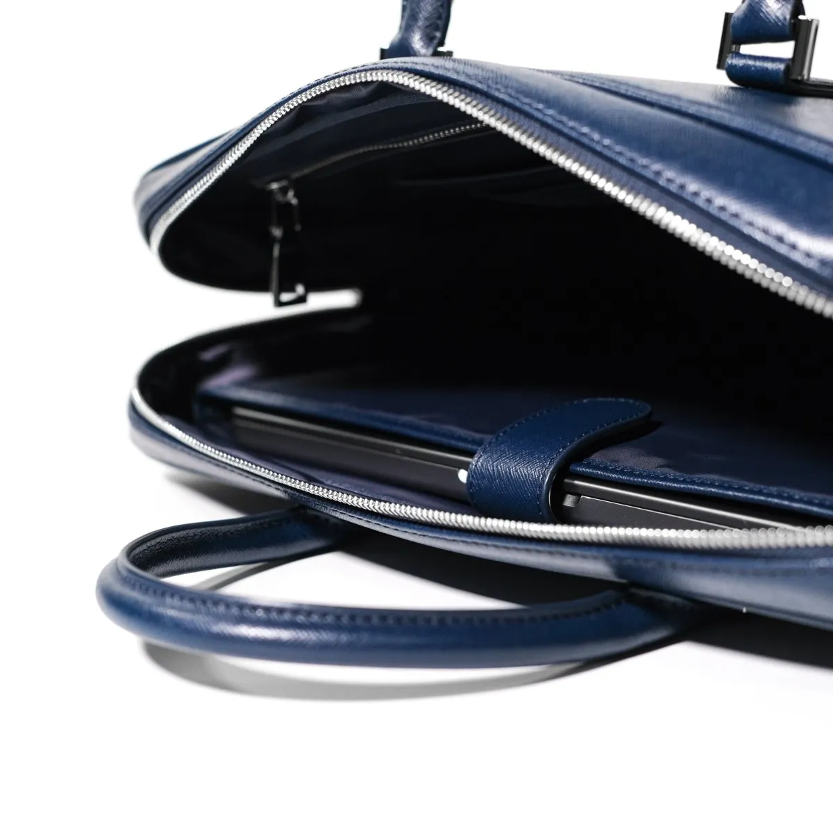 Italian Saffiano Leather Briefcase- Navy (Front-zip)