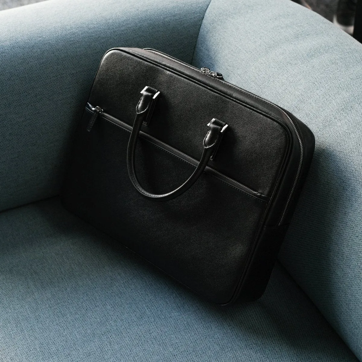 Italian Saffiano Leather Briefcase- Navy (Front-zip)