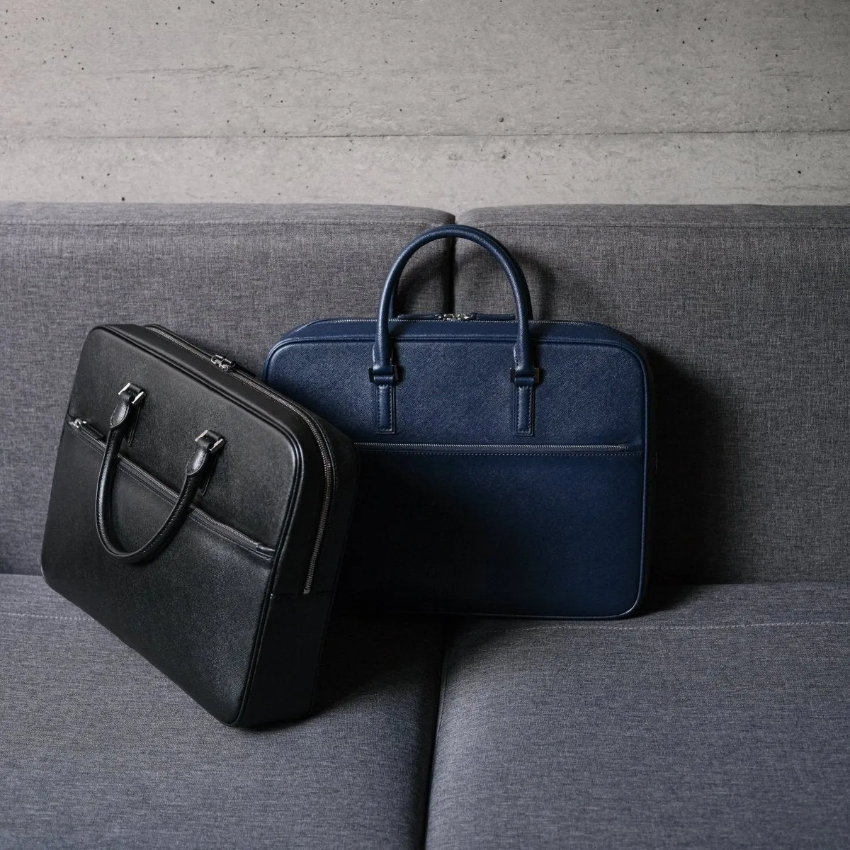 Italian Saffiano Leather Briefcase- Navy (Front-zip)