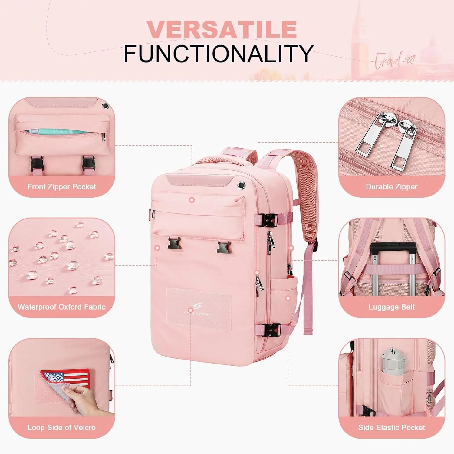 Maelstrom Travel Backpack for Women Men,35L Laptop Backpack Fits 17-Inch Laptop,Waterproof Carry On Backpack for Airplanes with Detachable Crossbody Bag&Shoe Compartment,Pink