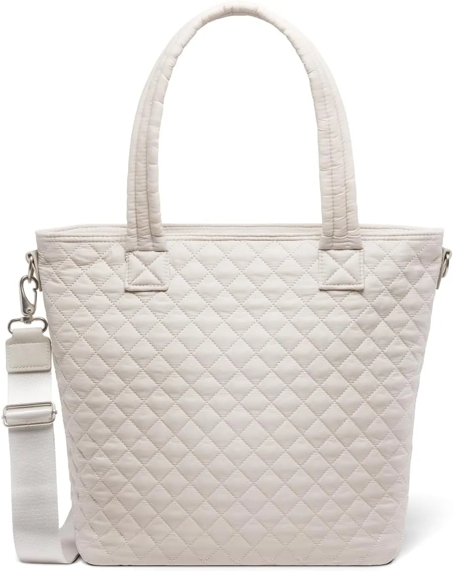 Simple Modern Quilted Tote Bag for Women | Medium Size w/Compartments & Laptop Sleeve | Adjustable Strap | Zipper Top