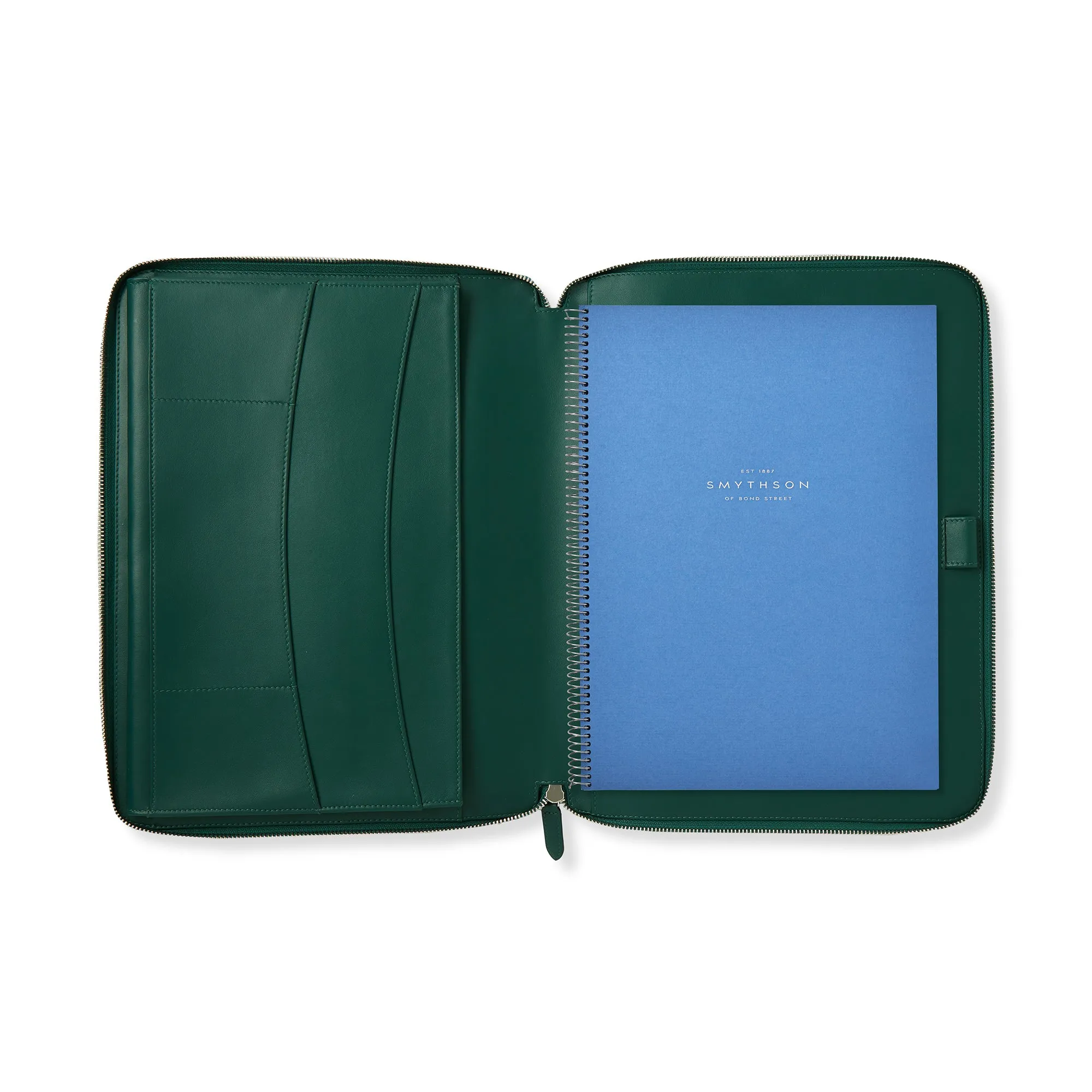 SMYTHSON Forest Green A4 Writing Folder with Zip in Panama